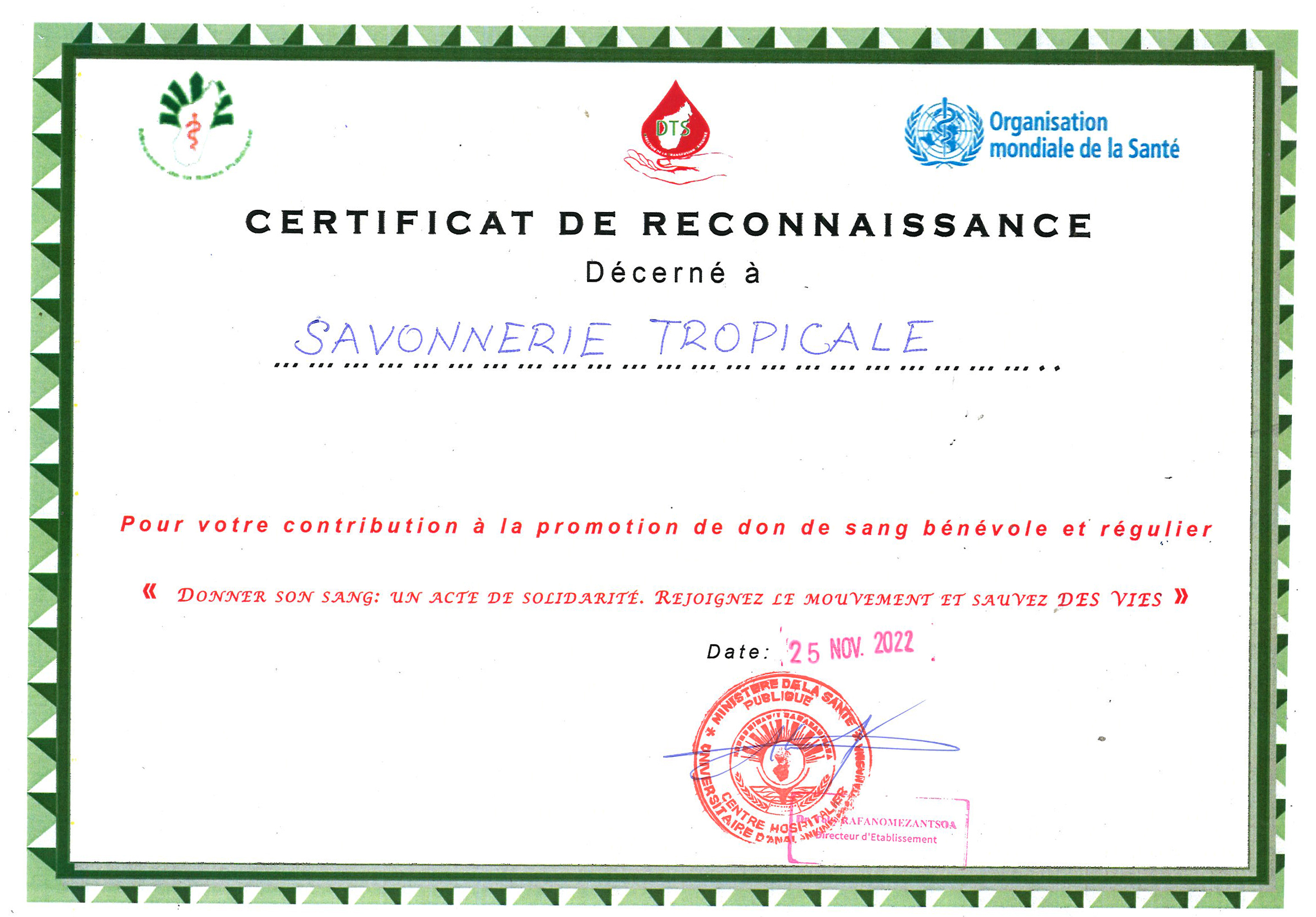 Certificat dfe reconnaissance Don du Sang MSP 2022